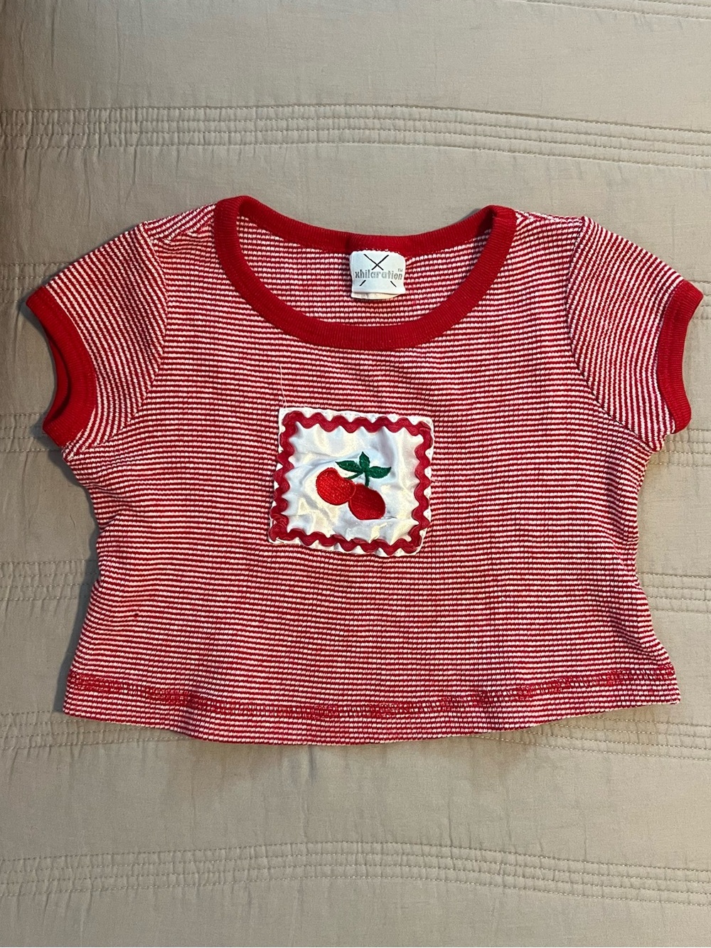 Xhilaration Red Striped Cherry Applique Girls Tee Vintage Knit